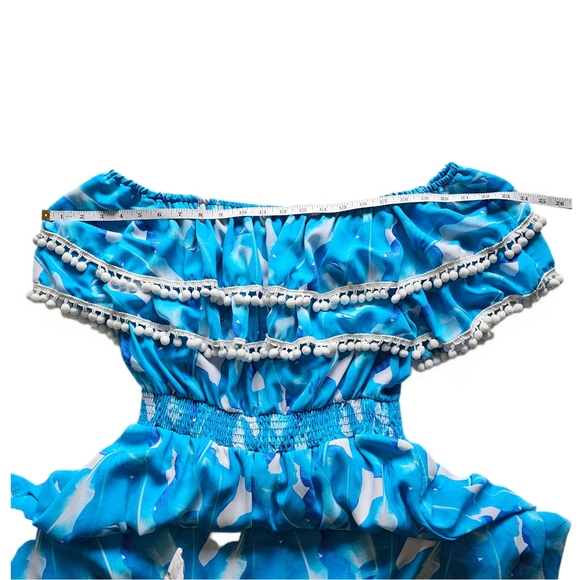 Red Dress Boutique Palms Away Blue Patterned Off-Shoulder Ruffle Midi Dress - Picture 10 of 14